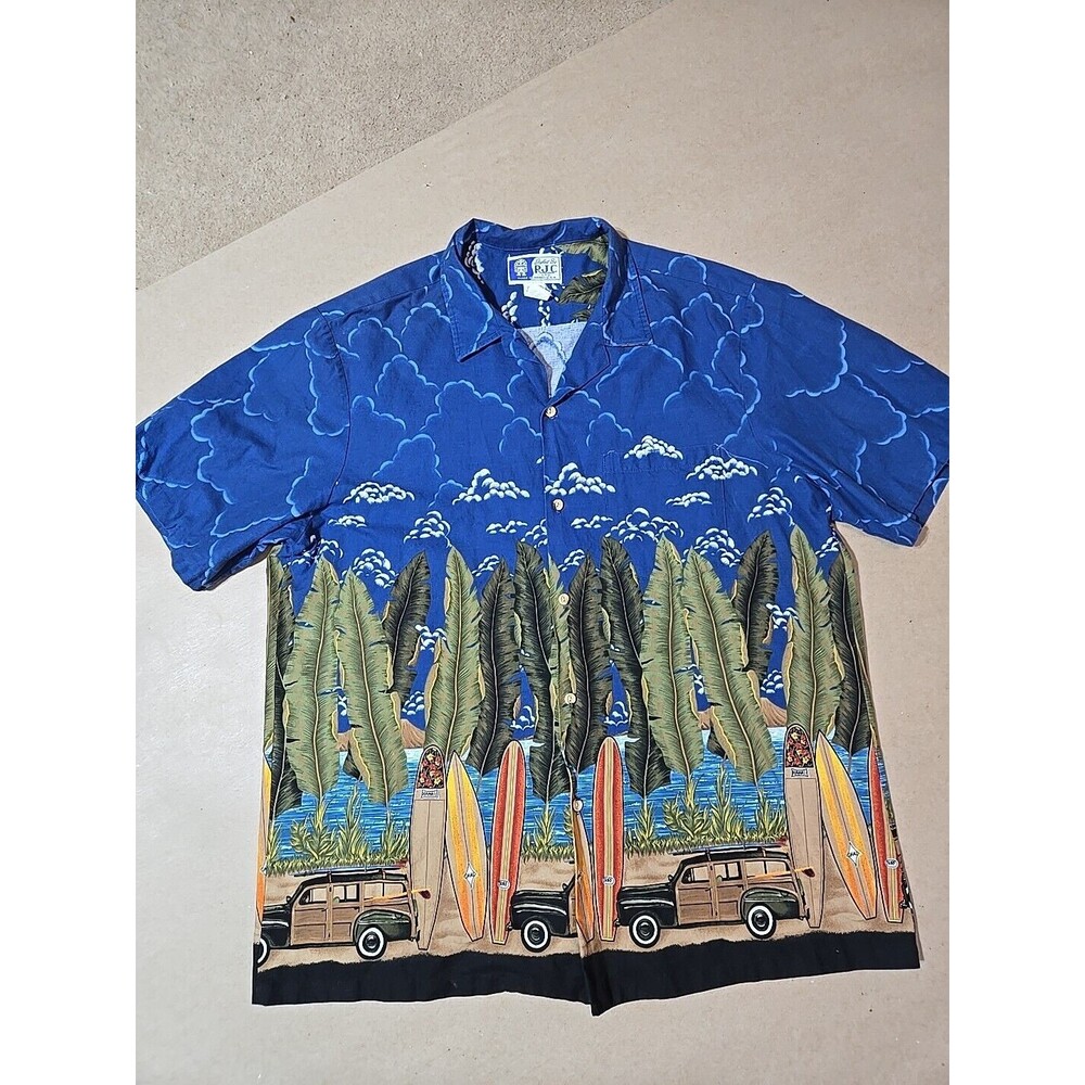 RJC‎ LTD Made in Hawaii XL Surf Woody Car Hawaiian Shirt Button Up Palm
